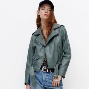 NWT Zara faux leather green biker jacket